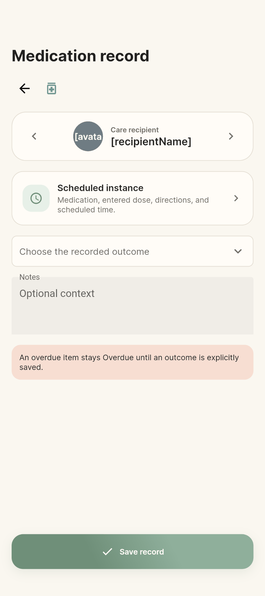 Medication record in KinNotice
