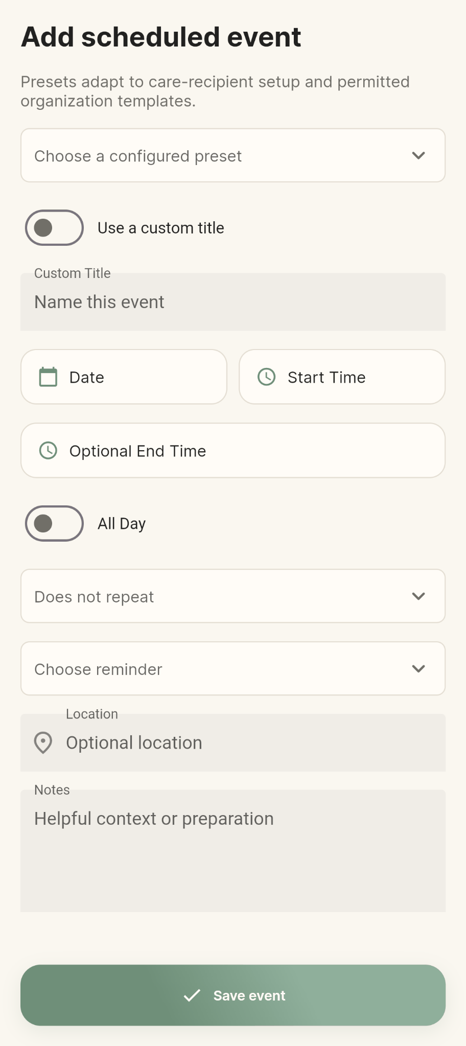 KinNotice scheduled event screen